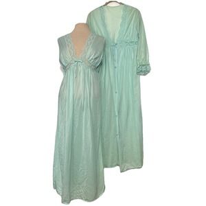 Vintage Pegnior Set Green Lace Stripe Satin‎ Robe Gown Lingerie Romantic Medium